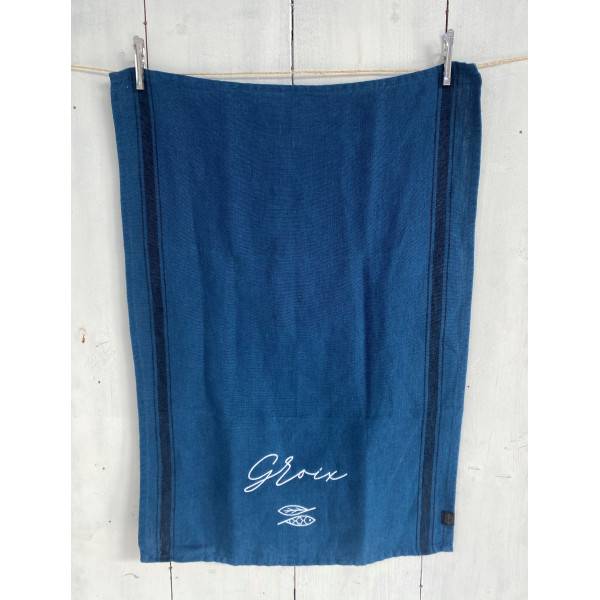 Groix embroidered Gitane blue linen tea towel