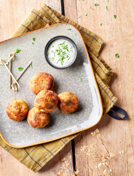 Mini Falafels with Sea bass rillettes and fresh herbs