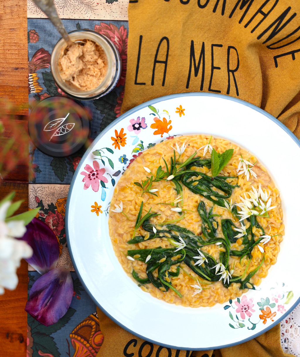 Risotto with wild garlic and Rillettes of Grondin with Massala